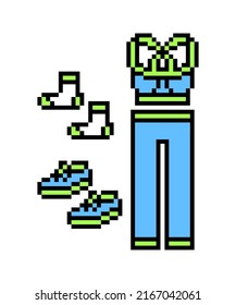 Pixel Art Womens' Fitness Costume, Workout Shoes And Socks Isolated On White Background. Set Of 8 Bit Female Gym Fashion Icons. Old School Retro 80's- 90's Slot Machine, Computer, Video Game Graphics.