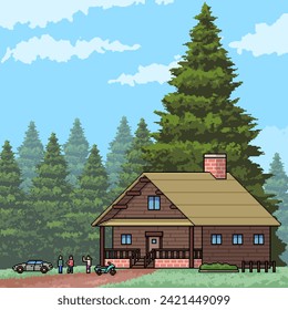 pixel art of wood house resort
