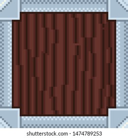Pixel art wood in iron frame texture pattern for game platforms.
Vector illustration. 8 - bit sprite.