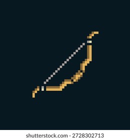 Pixel arte arco de madeira com corda, clássico fantasia RPG ícone de arma para tiro com arco, combate à distância, e jogos de aventura. Ativo de jogo estilo retro de 8 bits para inventário, interface do usuário e equipamento de personagem medieval.