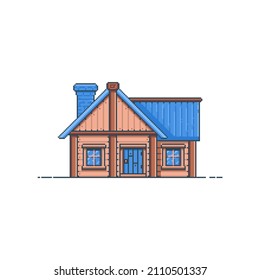 Pixel art wooden house. Concept for design 8 bit video pixel game. Vector illustration, front view. Isolated white background.