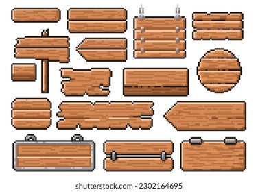 Pixel art wooden signs. Old road guidepost pointer, 8 bit wood style banner and app interface frames vector template set. Illustration of wooden design graphic, pixel art 8 bit