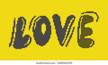 Pixel art word love on bright yellow background. Retro style poster. Horizontal template with text mosaic, vector graphics