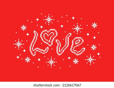 Pixel art word Love surrounded by sparkles and shining stars on red background. Valentine's day print. February 14th romantic banner. 80s, 90s wavy font wall poster. Wedding card. 8 bit game graphics.