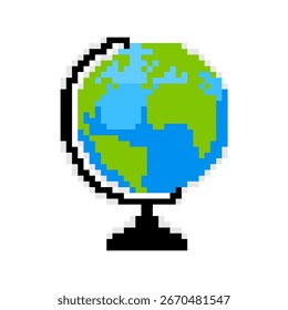 Pixel arte del mundo globo. Ilustración de bola de globo de tierra pixelada. Educación de píxeles temáticos.