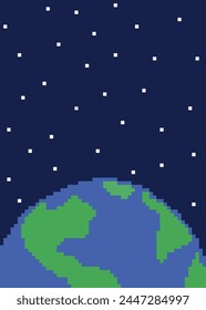 Pixel Art World - Part of Planet Earth in Starry Space made Pixel by Pixel.