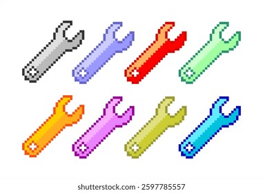 Pixel art of wrench in various color. Repair and service logo. 