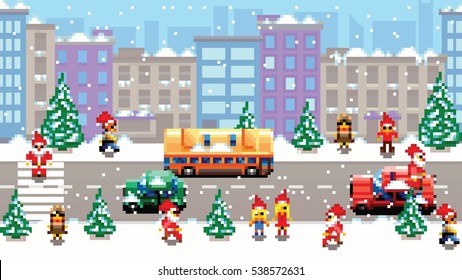 Pixel art xmas city scenery vector pattern background illustration