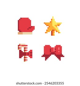 Pixel art Xmas ícones definir, atributos de ano novo feliz, luva de inverno, doce de Natal, estrela, arco vermelho, design de cartão de saudação. Ilustração isolada de vetor.