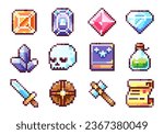 Pixel Art Y2K Adventure Set. 8bit Weapons, Gems, Magic, Enemies - Sword, Shield, Hammer, Monster, Potion. Retro Arcade Game Icons, Stickers, Sprites and Avatars.