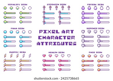 Pixel Art Y2K Character Attributes Set. 8bit Heath Bar, Mana Bar, and also Bars of Energy, Armor, Vitality, Rage, Strength, and Loading. Pixel Retro Game UI Elements, Icons, Symbols, Signs and Assets