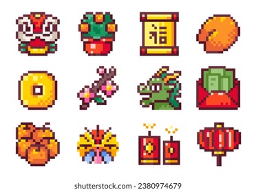 Pixel Art Y2K Chinese New Year Set. 8bit Dragon, Blessing Scroll, Coin, Fortune Telling Cookie, Red Envelope, Firework, Chinese Lantern. Retro Arcade Game Icons, Stickers, Sprites and Avatars.	