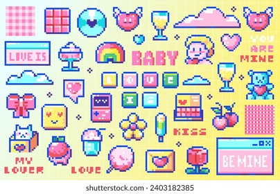 Pixel art Y2K Cute Stickers Set. 8bit Retro Game hearts, cupid, sweets, bow, toys, gifts, ice cream, baby angels, music discs, Favorite Cute Elements. Vector 90s Desktop Pack for Happy Valentine's Day