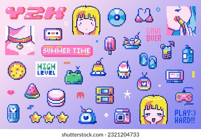 Pixel Art Y2k Geek Sticker Set. Elementos de juego retro de 8 bits como consolas de venado, dulces, animales, animadoras, animadoras, objetos de verano curados. Gráfica vectorial de verano para juegos, decoración, pegatinas, juegos.