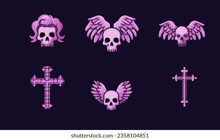 Pixel Art Y2k Geek Sticker Set. 8bit Retro Elements for decoration, stickers, games Like Vintage Sculls and Crosses.
