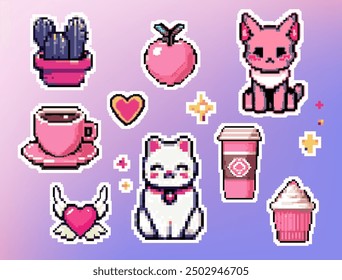 Pixel Art Y2k Geek Sticker Set. 8-bit Retro Game Elements Like Sweets, Animals, Coffee and Cute Plants. Vector graphic for decoration, stickers, games.