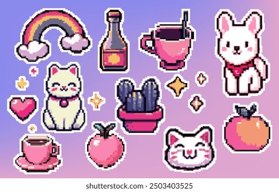 Pixel Art Y2k Geek Sticker Set. 8bit Retro Game Elements Like Fruits, Animals, Plants. Vector graphic for decoration, stickers, games.