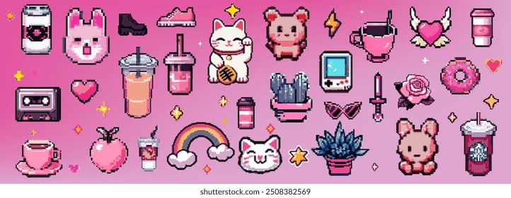 Pixel Art Y2k Geek Sticker Set. 8bit Retro Game Elements Like Food, Animals, Plants. Vector graphic for decoration, stickers, games.