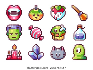 Pixel Art Y2k Halloween Sticker Set. 8bit Retro Game Elements Like Vampire, Strawberry, Cat, Slime, Potion, Cupcake, Frankenstein, Candle. Vector graphic for game, decor, stickers and cross stitch.	