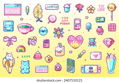 Pixel Art Y2K Love Geek Sticker Set. 8bit Cute Retro Game Elements - Sweets, Consoles, Gifts, Flowers, Animals, Desserts, Cupid, Valentine'd Day Stuff. Vector graphic for decorations, print patterns.	