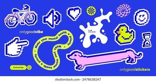 Pixel art, Y2k retro sticker pack. Funny naive design elements. Blue 8bit game icons, Kids Print with Nice Text for cover, t-shirt. geometric shape, pixelated cursor, bicycle, emoji, rubber duck