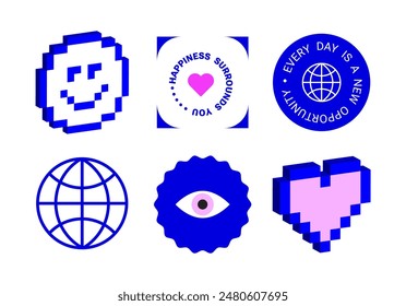 Pixel art Y2k retro sticker pack. Funny naive design elements. 8bit game icons, Kids Print with Nice Text for cover, t-shirt. 