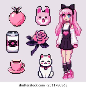 Pixel Art Y2k Sticker Set. Elementos de jogo retro como animais, comida e personagem menina anime.