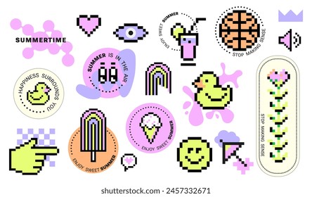 Pixel art Y2k Summer retro sticker pack. Funny naive summertime design elements. 8bit game icons for gen Z and Kids Print with Nice Text for cover, t-shirt. Hand drawn shape, pixelated ice-cream, duck