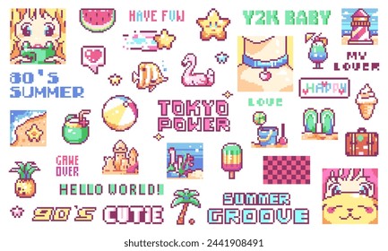 Pixel Art Y2K Summer Sticker Set. 8bit Retro Patterns or Icons Like Summer Vibes Prints, Beach, Sand, Ice Cream, Fish, Tropical Fruits and Cocktails, Cute Girls. Vector For Game, Decoration, Stickers.