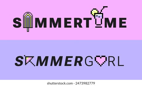 Pixel art Y2k Summer stickers and tagline summer girl. Retro style. Funny naive summertime design elements. 8bit game icons, Kids Print with Nice Text for cover, t-shirt. Barbiecore. Futuristic pixel