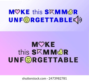 Pixel art Y2k Summer stickers and text. Retro style. Funny naive summertime design elements. 8bit game icons, gen Z and Kids Print with Nice Text for cover, t-shirt. Futuristic shape, pixelated duck