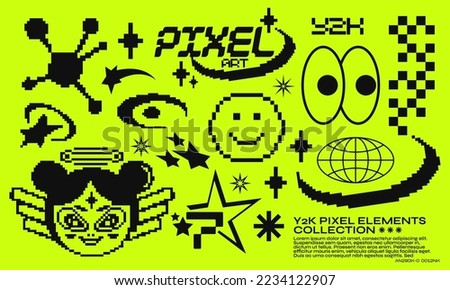 pixel art, y2k trendy elements. Acid set of abstract geometric design elements with retro girl, stars and futuristic items. for posters, print, stickers