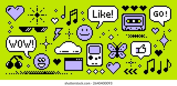 Pixel art y2k vector graphics set with various retro icons. Digital design elements for sticker, app, or website design.