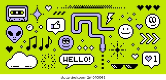Pixel art y2k vector green background design with hearts, alien, music note, cassette, and glasses for graphic resource.