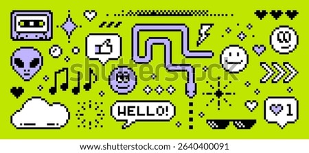 Pixel art y2k vector green background design with hearts, alien, music note, cassette, and glasses for graphic resource.