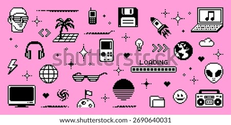 Pixel art y2k vector icons with retro computer, alien, and sunglasses on a pink background for vintage game concept.