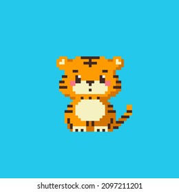 Pixel art year of tiger icon. Vector 8 bit style illustration of pixel cute little tiger. Isolated kawaii cartoon decorative element of retro video game computer graphic.