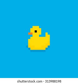 Pixel art yellow bath duck isolated on blue background