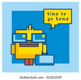 Pixel art yellow bath duck isolated on blue background