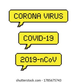 Pixel art yellow coronavirus spech bubble icon isolated on white background.