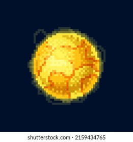 Pixel art yellow fiery planet universe galaxy object isolated hot sun or cartoon alien world. Vector globe round sphere pixel art 8 bit game design element outer space celestial universe, galaxy