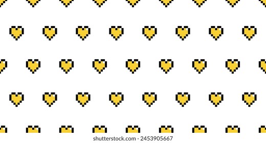 Pixel art yellow hearts on white background in checkerboard seamless pattern