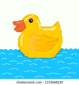 Pixel art yellow rubber duck in water. Bathroom. Vector illustration