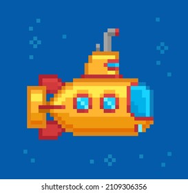 Icono de batiscaphe del submarino amarillo Pixel Art para videojuegos retro de 8 bits. Submarino Pixel sobre fondo azul	