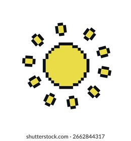Pixel arte sol amarelo com raios sobre fundo branco em estilo digital retro reminiscente de gráficos de 8 bits