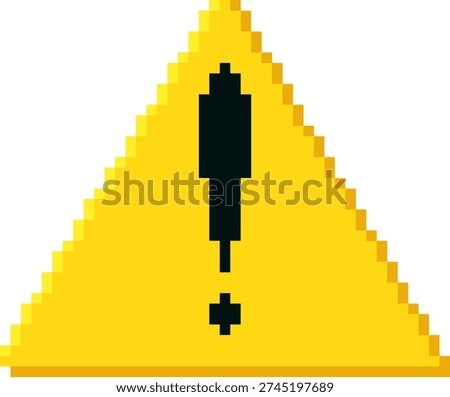 Pixel art yellow triangle warning sign with exclamation mark. Attention, caution or danger symbol. Retro-theme UI interface design element. Vector illustration.