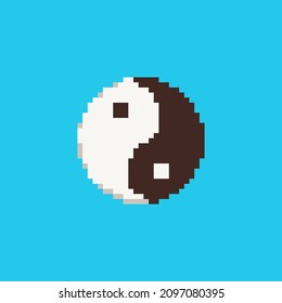 Pixel art yin yang icon. Vector 8 bit style illustration of Chinese yin and yang. Isolated black and white decorative oriental element of retro video game computer graphic.