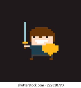 Pixel art young warrior character in helmet with sword and shield