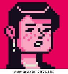 Pixel art young woman face, 8-bit girl, avatar female character, cartoon vector icon, game user or web profile persons and people, social net portrait, minimalistic fashion, vector