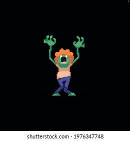 Pixel art zombie character with his crooked hands up